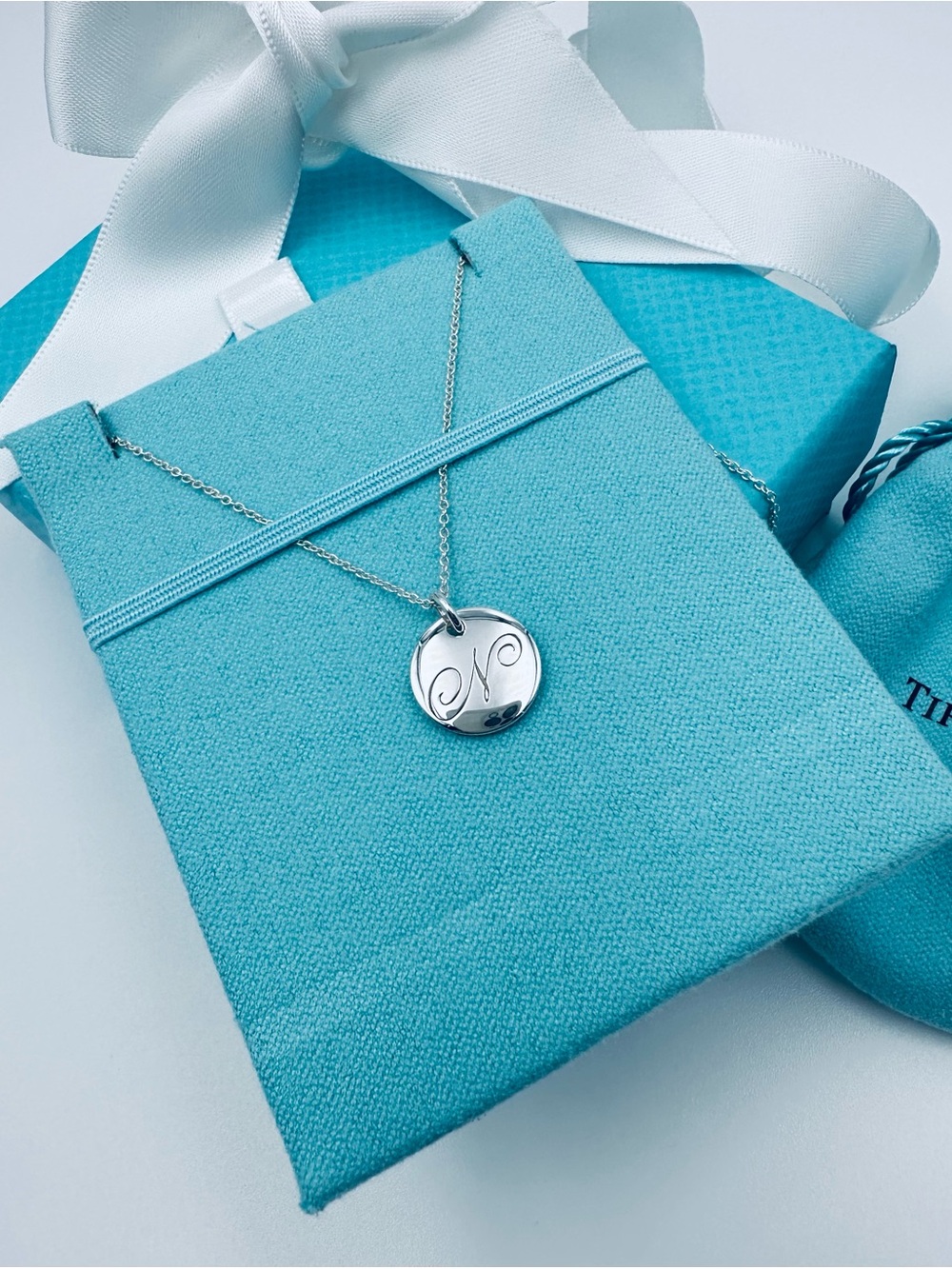 Tiffany & Co. Retired Notes Letter N Disc Charm Necklace 16” in Silver Packaging